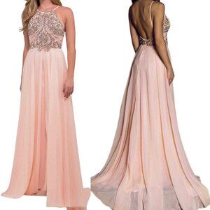 Jovani 92605 Chiffon Halter A-Line Embellished Dress Gown in Blush Pink Size 14